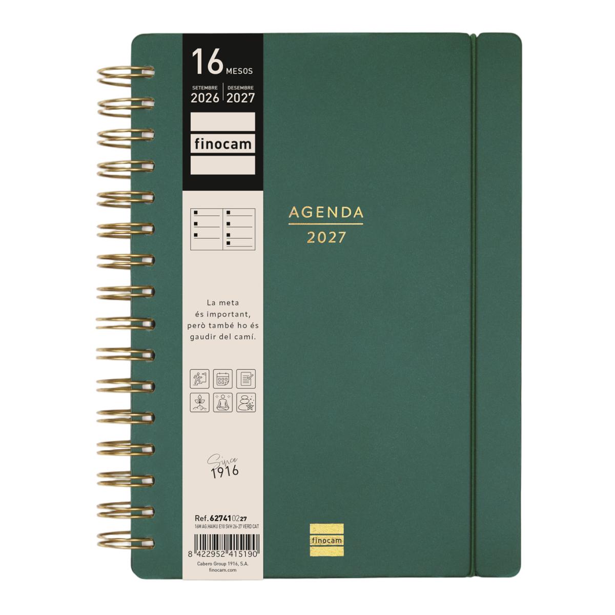 Agenda 16 meses septiembre 2026-diciembre 2027 Haiku E10-155x212 mm semana vista horizontal Finocam verde catalán 2