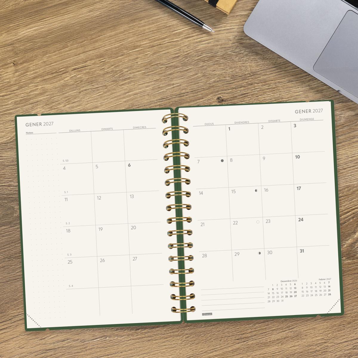 Agenda 16 meses septiembre 2026-diciembre 2027 Haiku E10-155x212 mm semana vista horizontal Finocam verde catalán 6