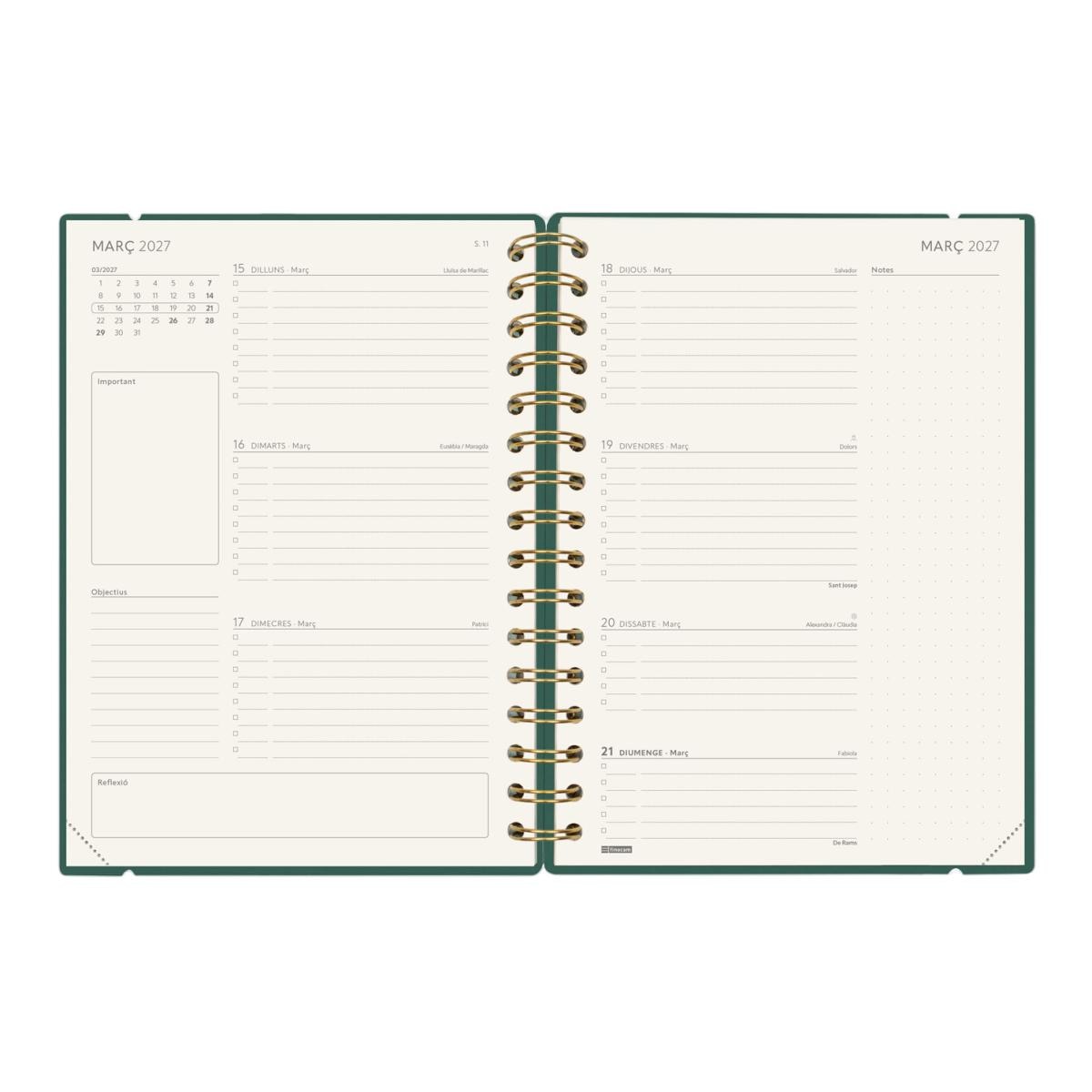 Agenda 16 meses septiembre 2026-diciembre 2027 Haiku E10-155x212 mm semana vista horizontal Finocam verde catalán 8
