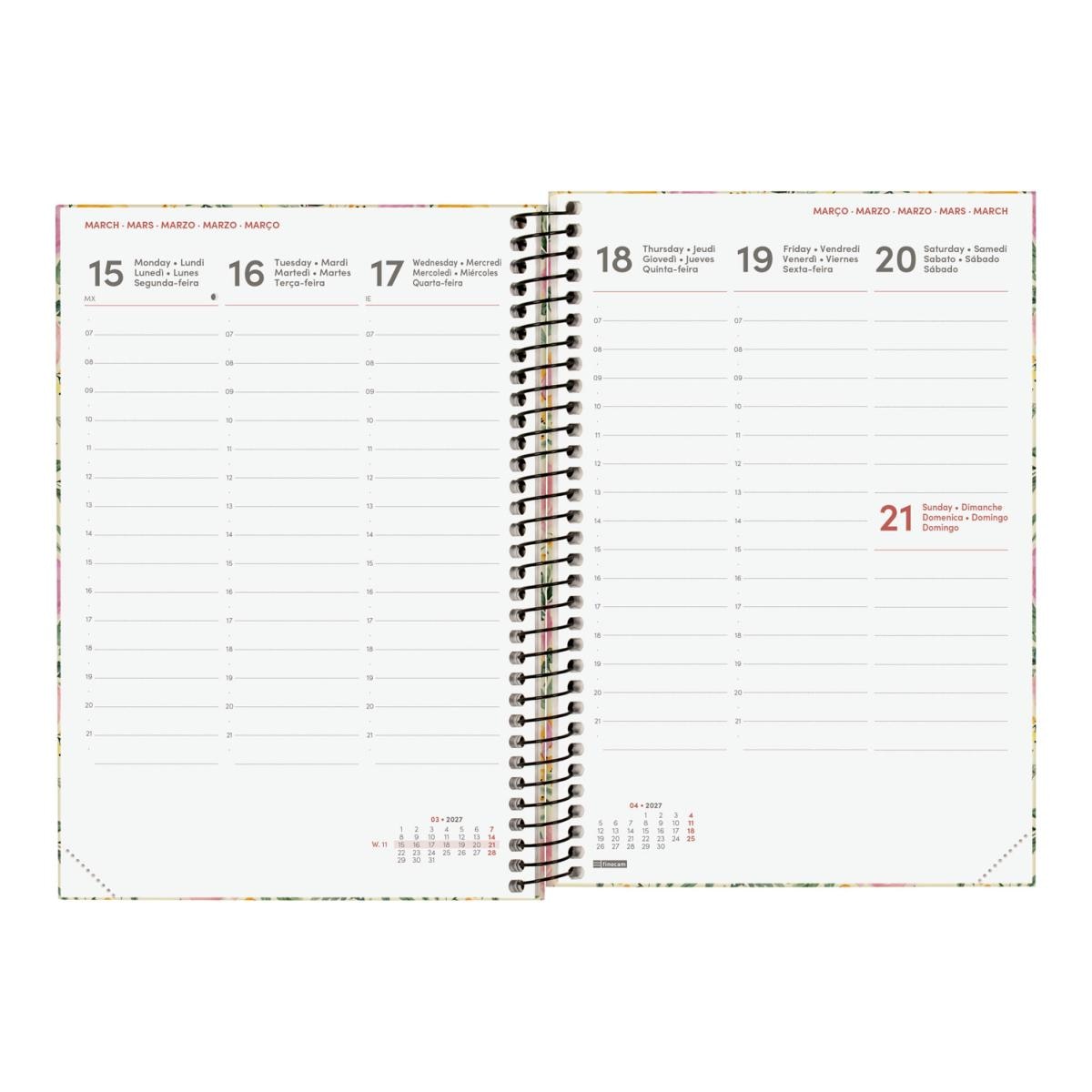 Agenda espiral año 2027 Moda 4º-140x204 mm Semana Vista Vertical Finocam rosa internacional multilingüe Rosa-2
