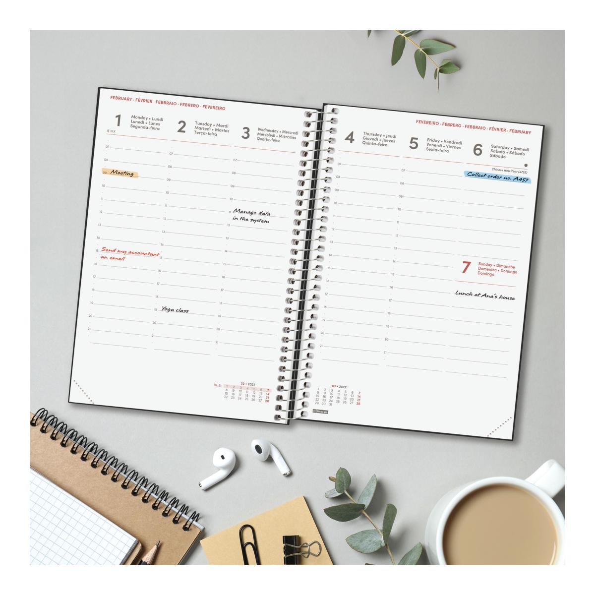 Agenda Espiral 2027 Moda 4º-140x204 mm Semanal Vertical Finocam Preto Multilingue Preto-3