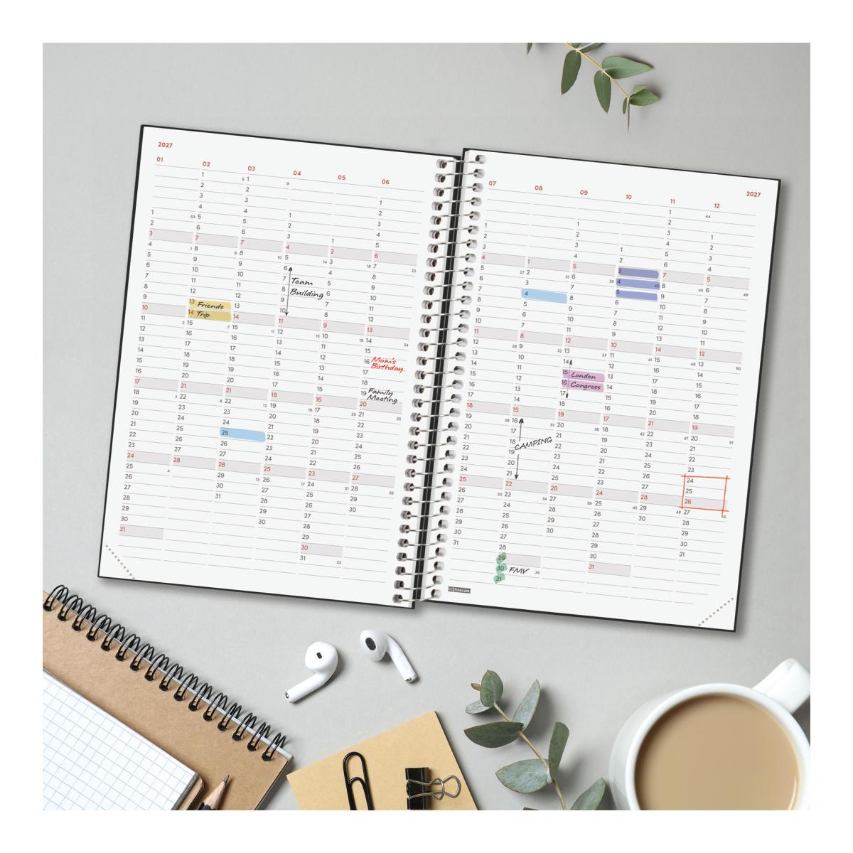 Agenda Espiral 2027 Moda 4º-140x204 mm Semanal Vertical Finocam Preto Multilingue Preto-4