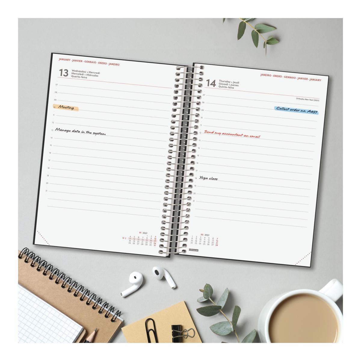 Agenda Espiral 2027 Moda 4º-140x204 mm 1 Dia Por Página Finocam Preto Multilingue Preto-3