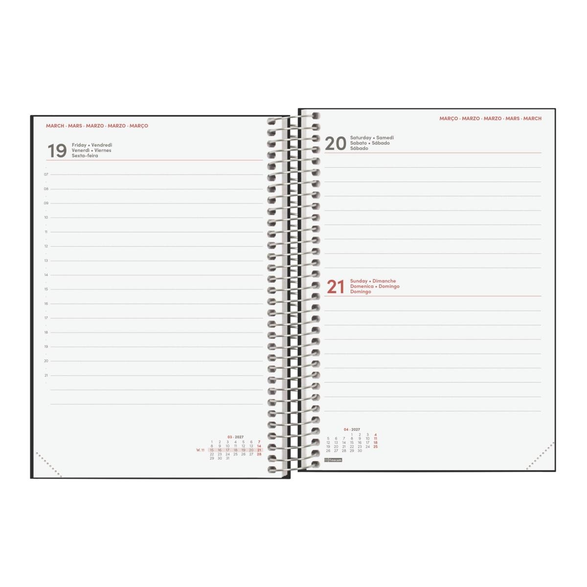 Agenda Espiral 2027 Moda 4º-140x204 mm 1 Dia Por Página Finocam Preto Multilingue Preto-5