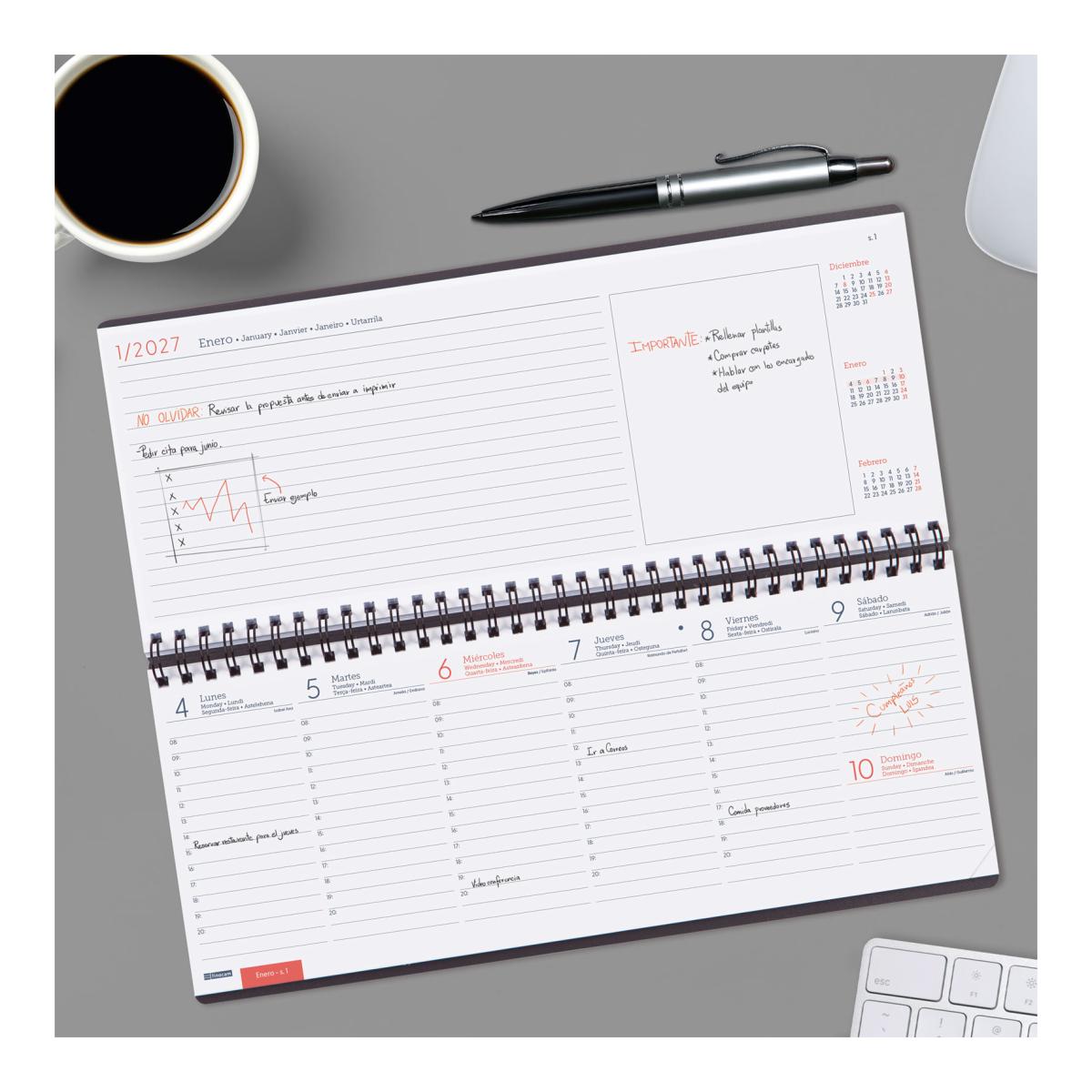 Agenda espiral año 2027 Planificador 290x116 mm Semana Vista Vertical + notas Finocam gris castellano multilingüe Gris-3
