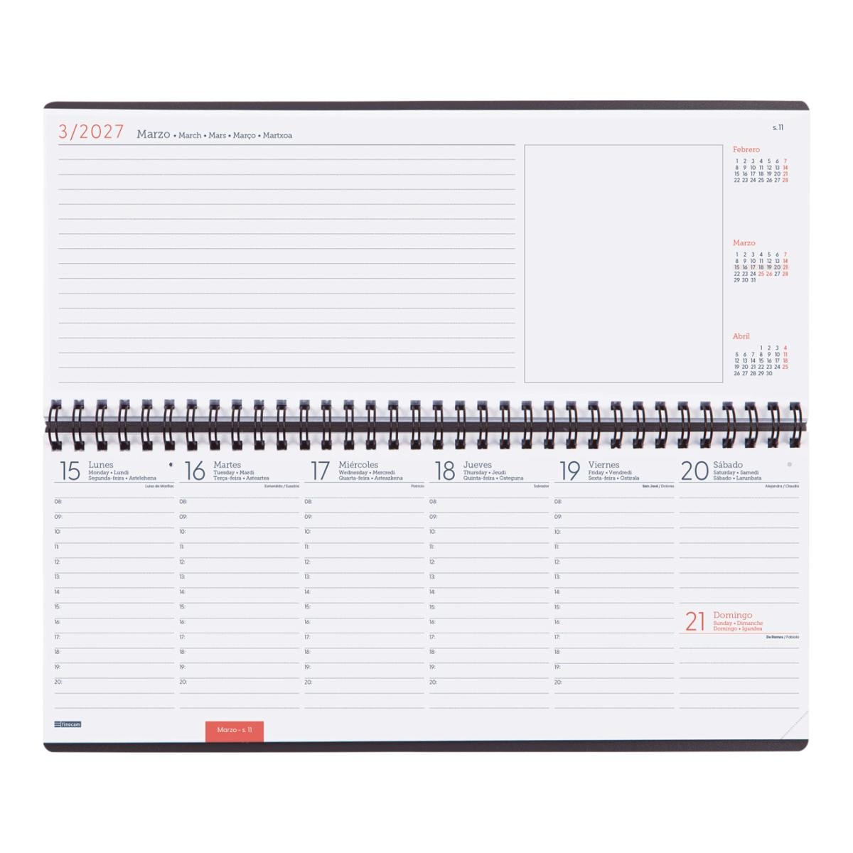 Agenda espiral año 2027 Planificador 290x116 mm Semana Vista Vertical + notas Finocam gris castellano multilingüe Gris-4