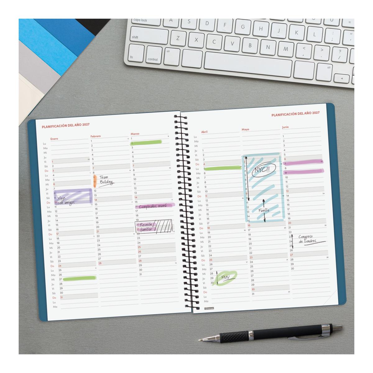 Agenda año 2027 Espiral Basics My E10-155x212 mm Semana Vista Horizontal Finocam azul castellano Azul-2