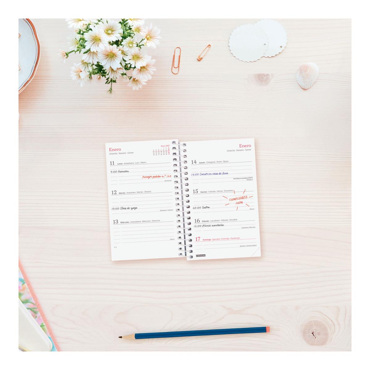 Agenda año 2027 Espiral Trendy Design Collection E3-79x127 mm Semana Vista Horizontal Flora Finocam multicolor castellano multilingüe Multicolor-2