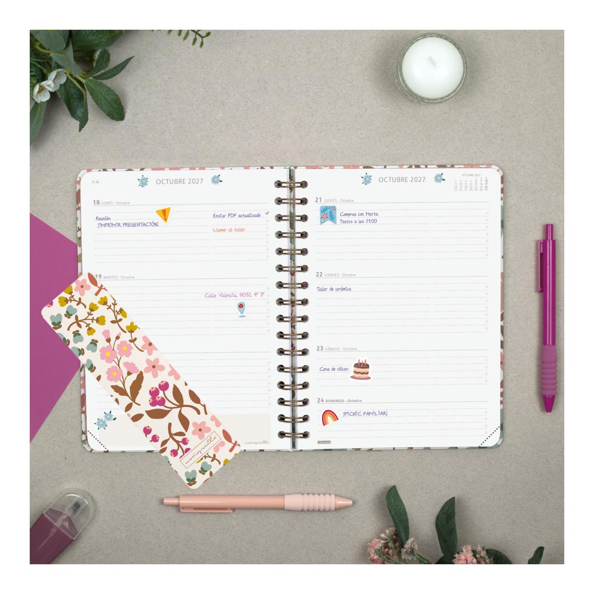 Agenda espiral doble año 2027 Moniquilla E10-155x212 mm Semana Vista Horizontal Finocam rosa castellano Rosa-3