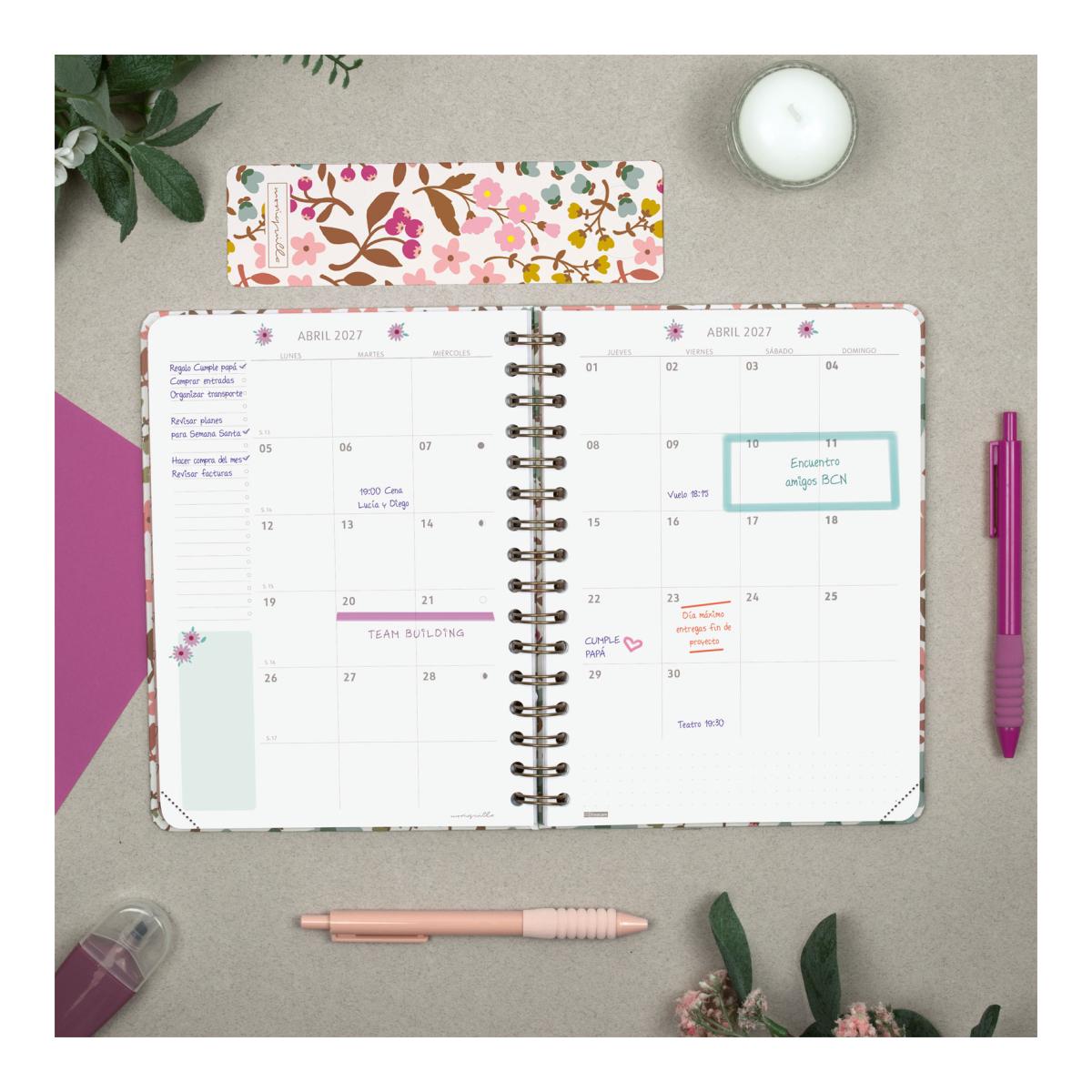 Agenda espiral doble año 2027 Moniquilla E10-155x212 mm Semana Vista Horizontal Finocam rosa castellano Rosa-4