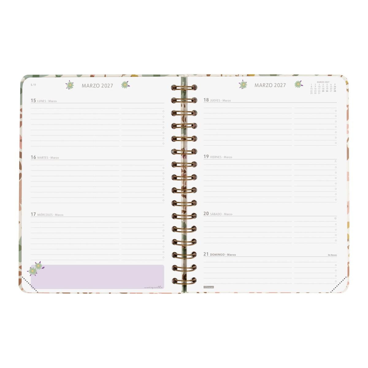 Agenda espiral doble año 2027 Moniquilla E10-155x212 mm Semana Vista Horizontal Finocam rosa castellano Rosa-7