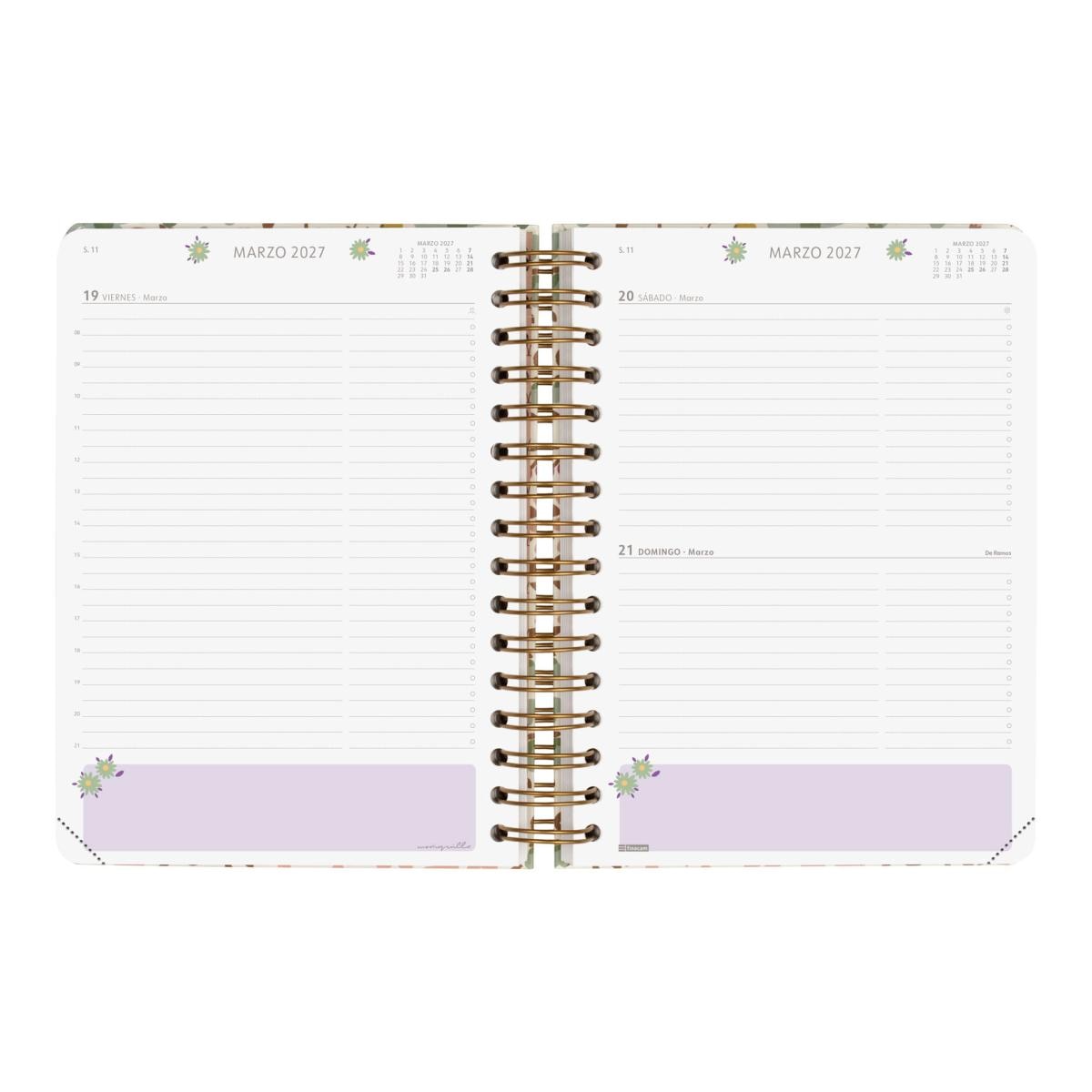 Agenda espiral doble año 2027 Moniquilla E10-155x212 mm 1 Día Página Finocam rosa castellano Rosa-7