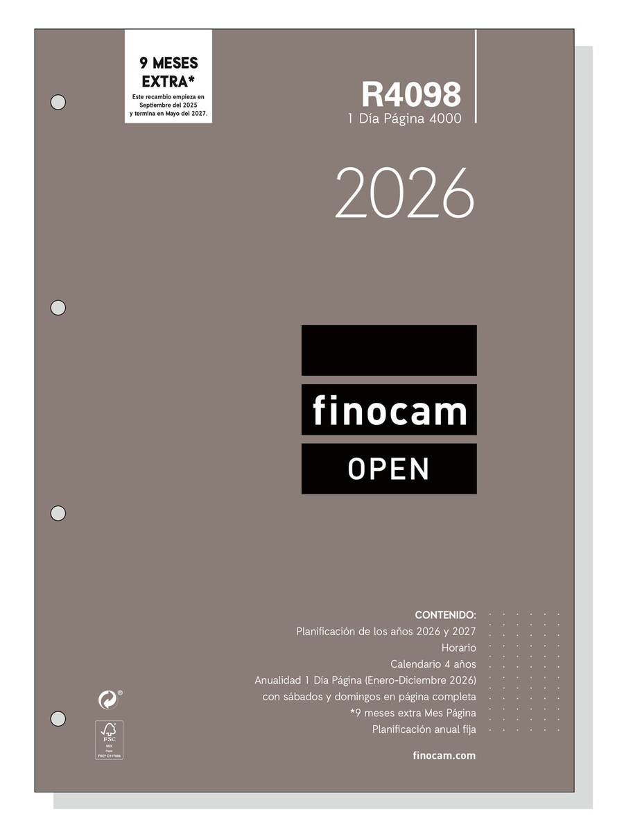 Finocam 2026 Weekly Planner Refill - Horizontal View Agenda January To December Spanish