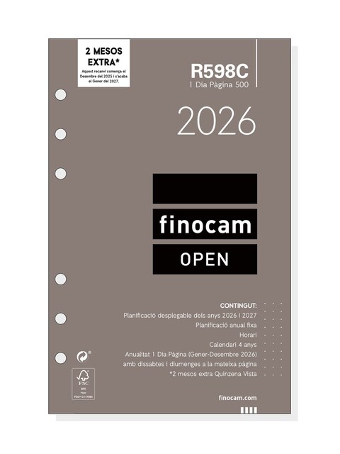 Imagen 0 de Recambio anual año 2026 Open R598C 500-117x181 mm 1 Día Página Finocam catalán