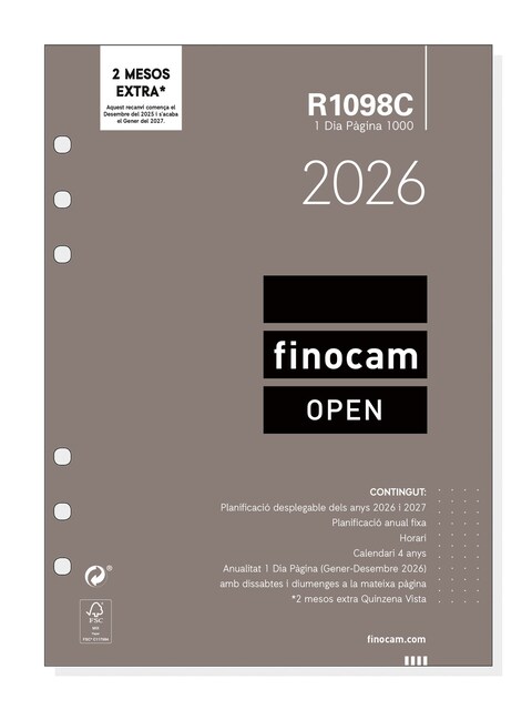 Imagen 0 de Recambio anual año 2026 Open R1098C 1000-155x215 mm 1 Día Página Finocam catalán