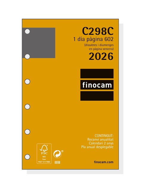 Imagen 0 de Recambio anual año 2026 Classic C298C 602-73x114 mm 1 Día Página Finocam catalán