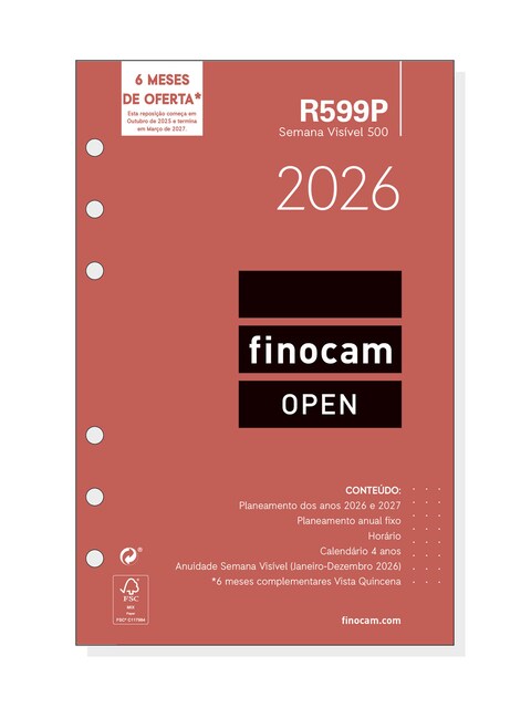 Imagen 0 de Recambio anual año 2026 Open R599P 500-117x181 mm Semana Vista Vertical Finocam portugués