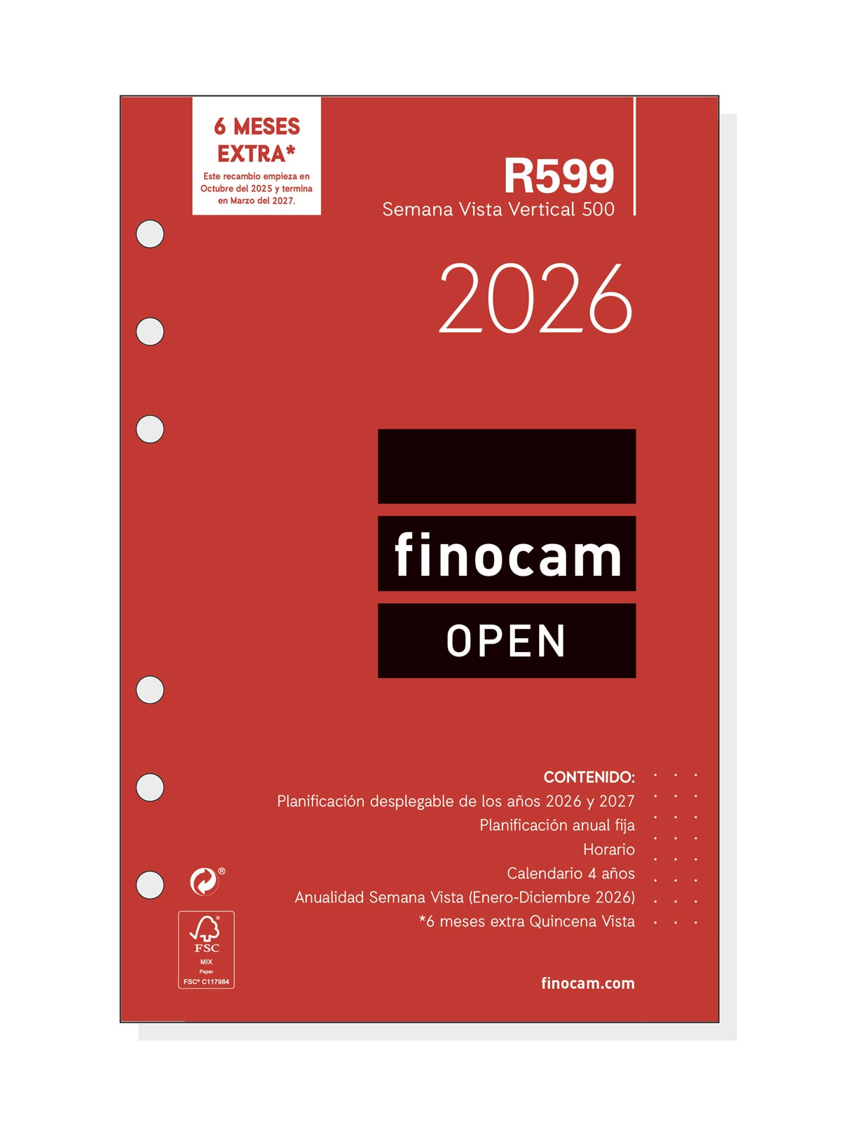 Imagen 0 de Recambio anual año 2026 Open R599 500-117x181 mm Semana Vista Vertical Finocam castellano