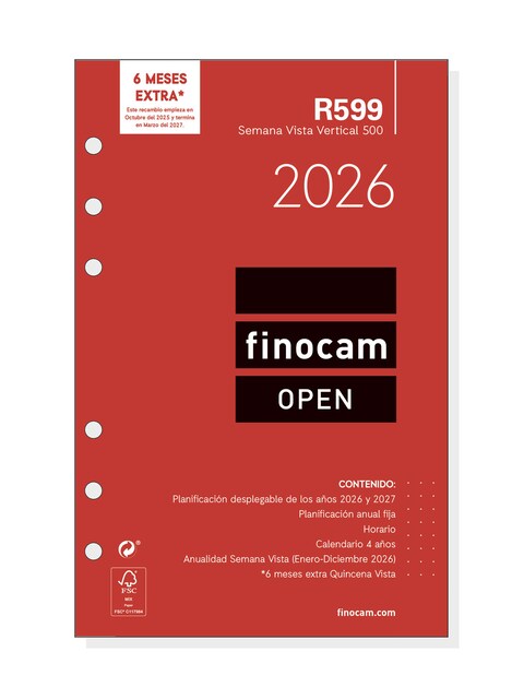 Imagen 0 de Recambio anual año 2026 Open R599 500-117x181 mm Semana Vista Vertical Finocam castellano
