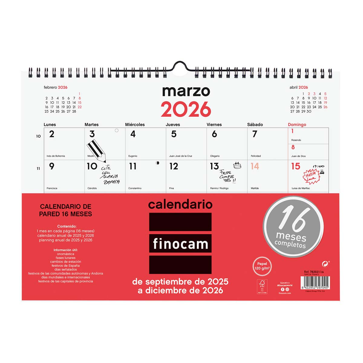 Calendario 16 meses pared septiembre 2025-diciembre 2026 Neutro L-340x240 mm Finocam Multicolor-1