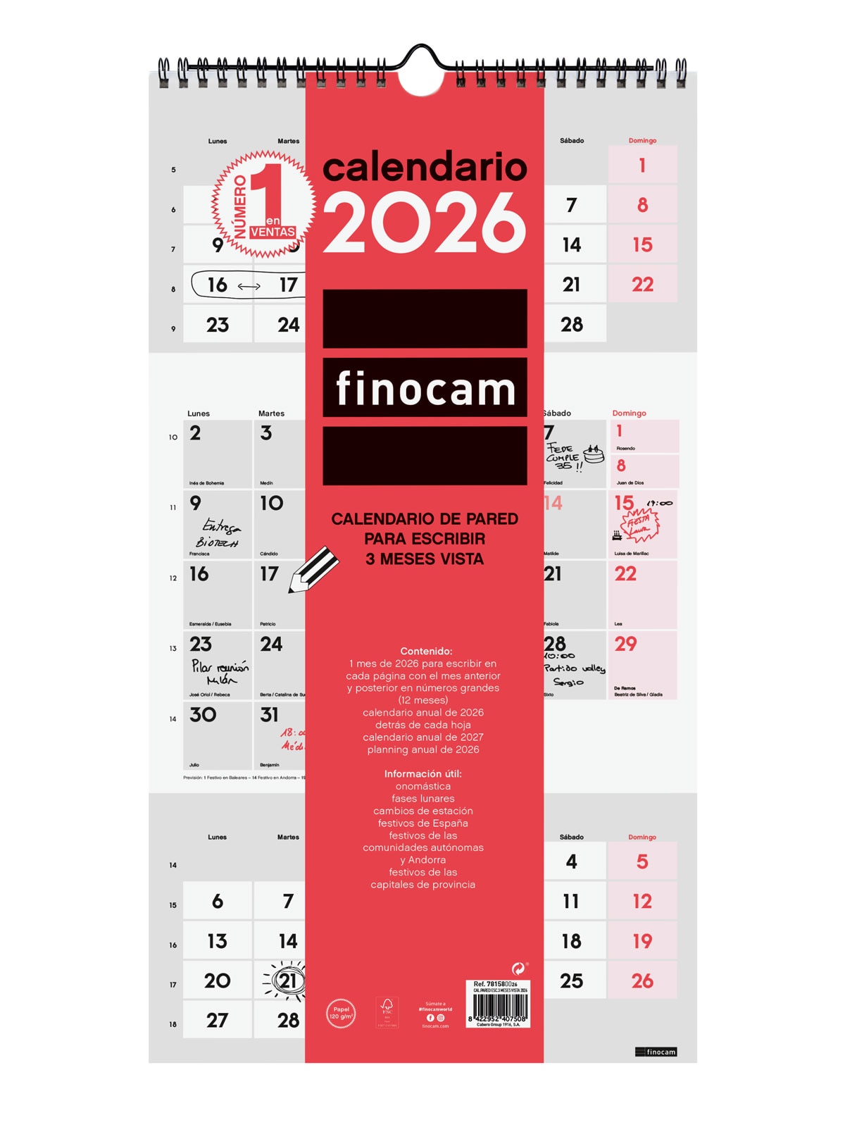 Calendario pared año 2026 Neutro escribir M-236x430 mm 3 Meses Vista Finocam castellano Multicolor-1