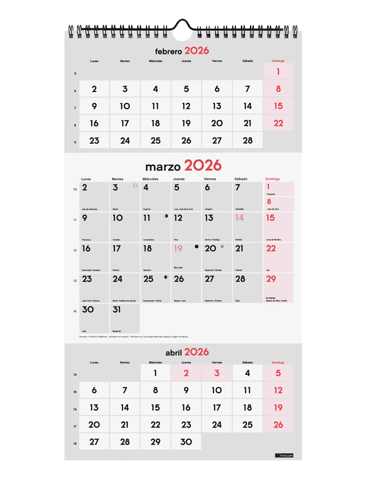Calendario pared año 2026 Neutro escribir M-236x430 mm 3 Meses Vista Finocam castellano Multicolor-3