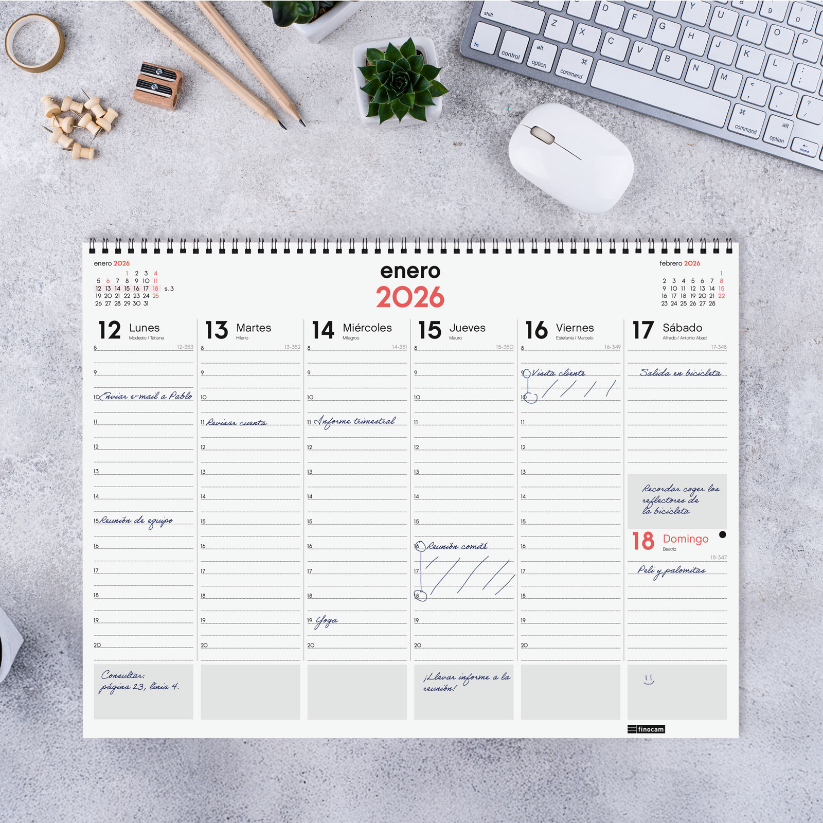 Calendario vade de sobremesa espiral año 2026 Neutro 420x310 mm Semana Vista Vertical Finocam castellano Multicolor-2
