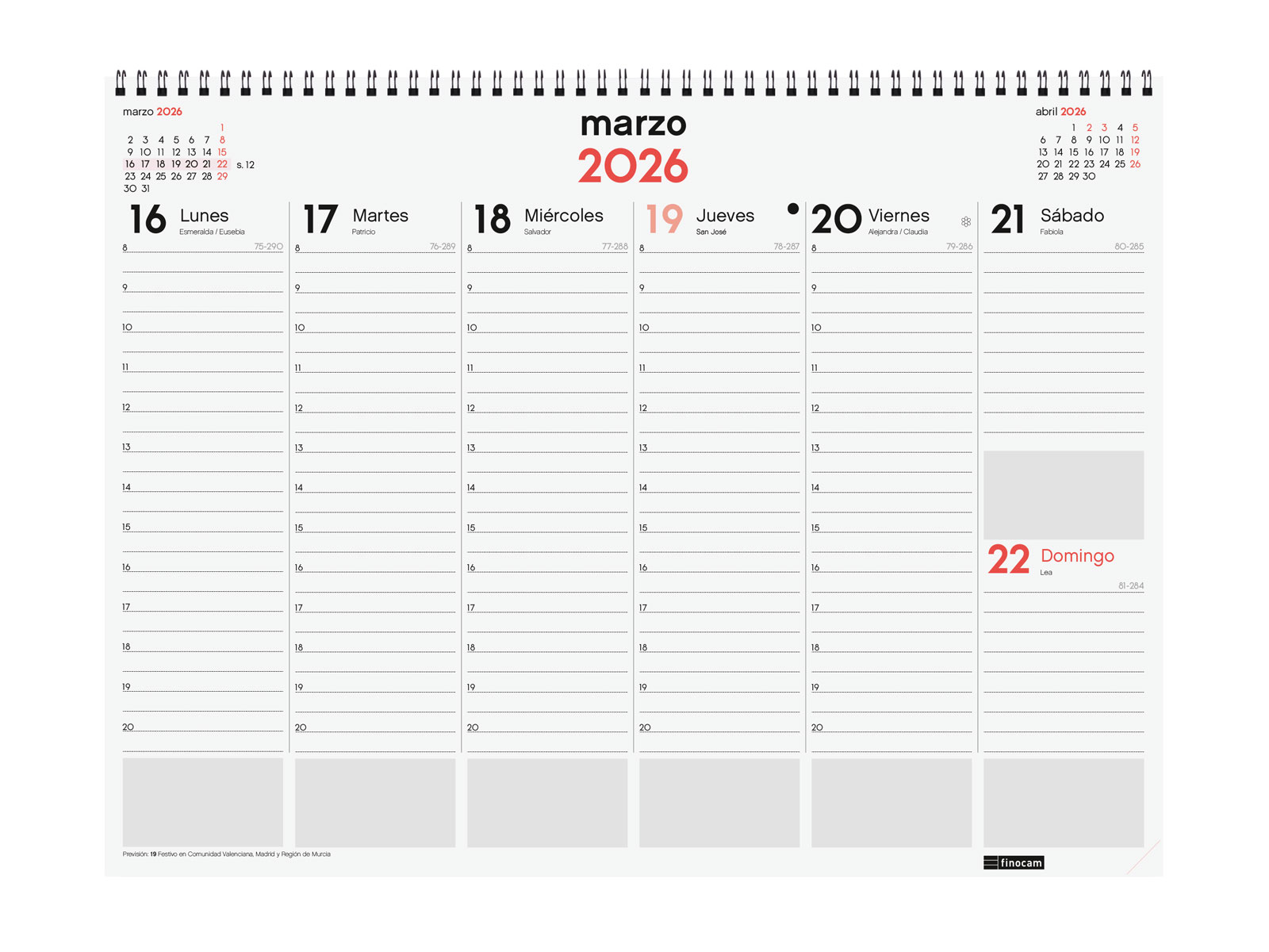 Calendario vade de sobremesa espiral año 2026 Neutro 420x310 mm Semana Vista Vertical Finocam castellano Multicolor-3