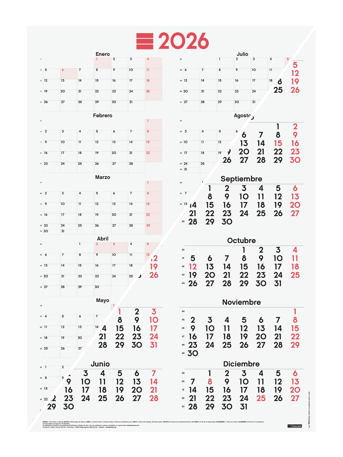 Imagen 0 de Póster Calendario Mixto año 2026 Neutro 485x680 mm Año Vista Finocam castellano