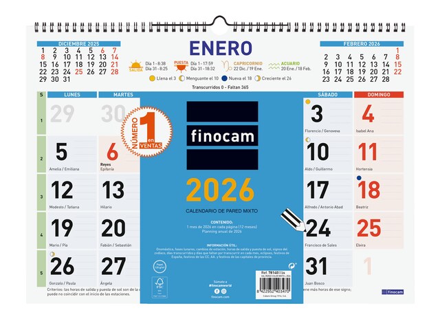 Imagen 0 de Calendario pared año 2026 Trendy Color mixto L-430x310 mm Mes Vista Finocam castellano