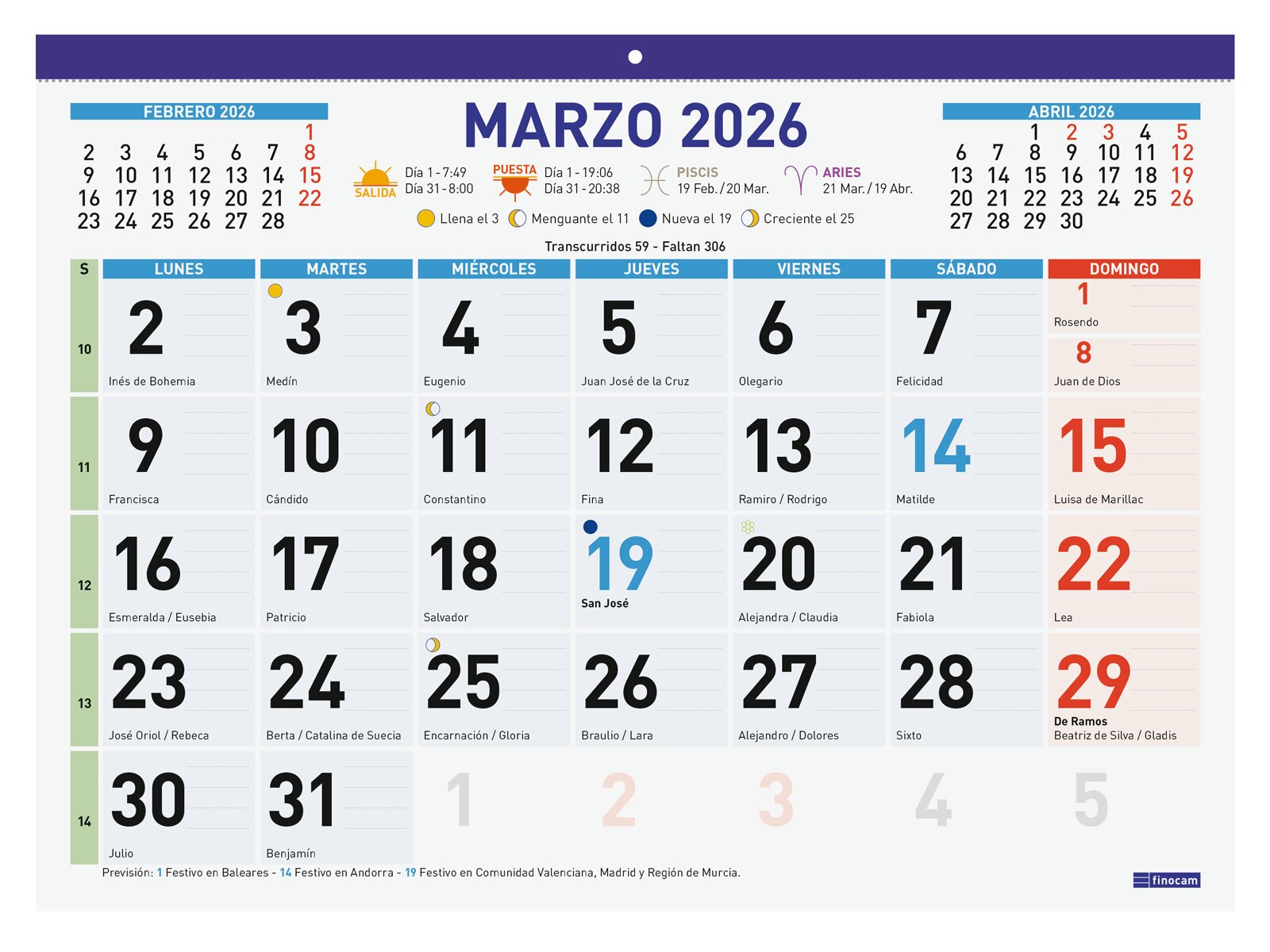 Calendario pared año 2026 Faldilla mixta F94-430x310 mm Mes Vista Finocam castellano Multicolor-2