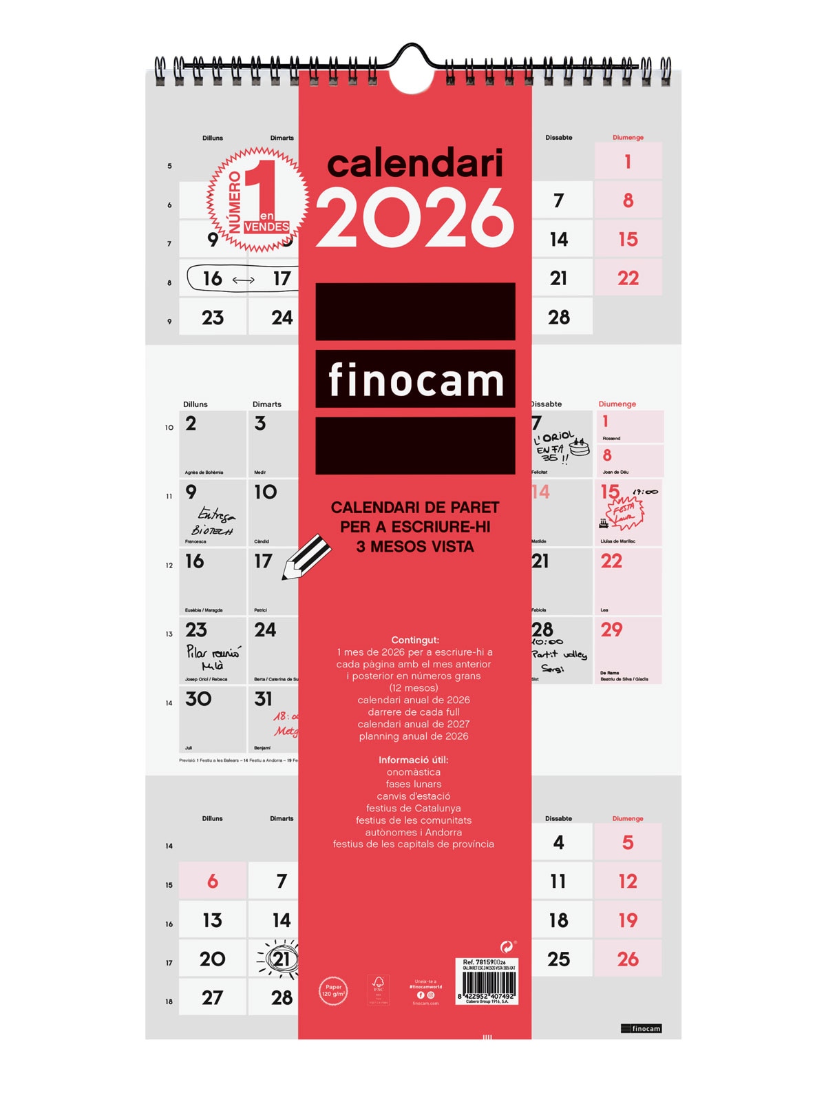 Calendario pared año 2026 Neutro escribir M-236x430 mm 3 Meses Vista Finocam catalán Multicolor-1