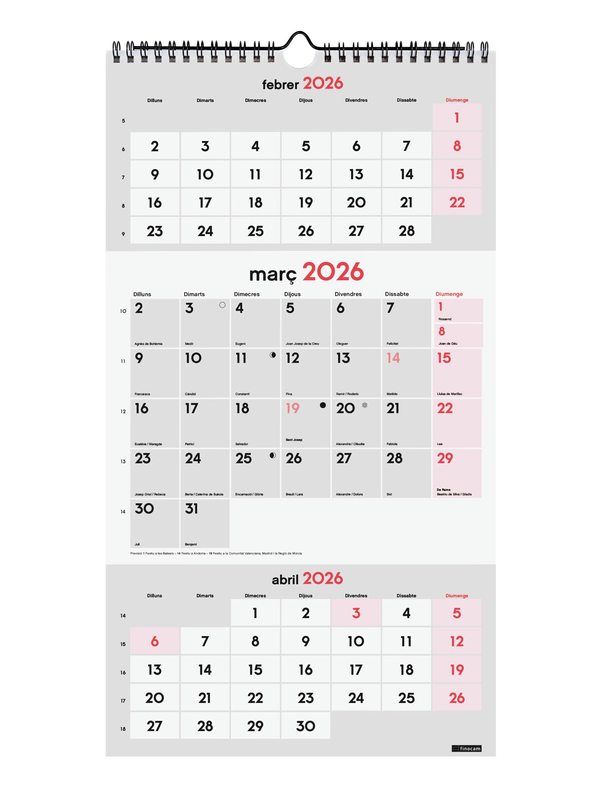 Calendario pared año 2026 Neutro escribir M-236x430 mm 3 Meses Vista Finocam catalán Multicolor-3