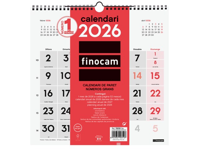 Imagen 0 de Calendario pared año 2026 Neutro números grandes 300x300 mm Mes Vista Finocam catalán
