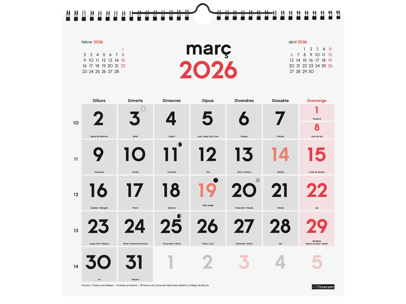 Calendario pared año 2026 Neutro números grandes 300x300 mm Mes Vista Finocam catalán Multicolor-3