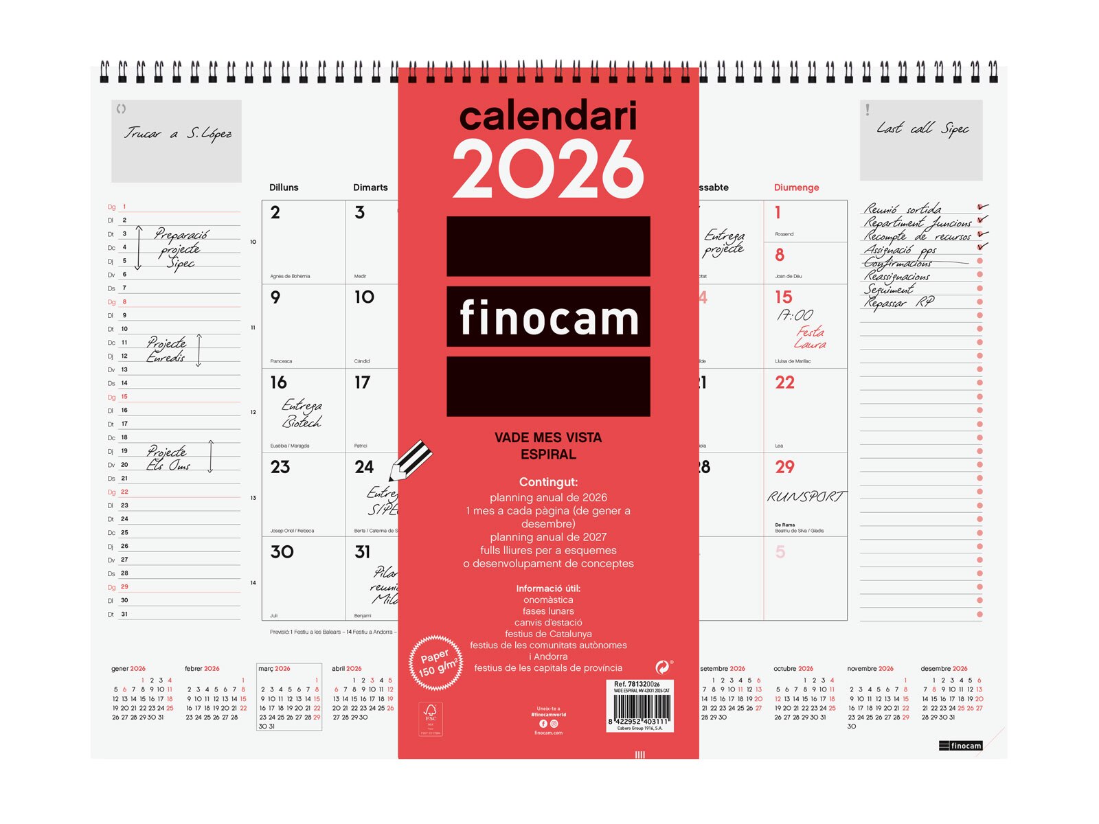 Calendario vade de sobremesa espiral año 2026 Neutro 420x310 mm Mes Vista Finocam catalán Multicolor-1