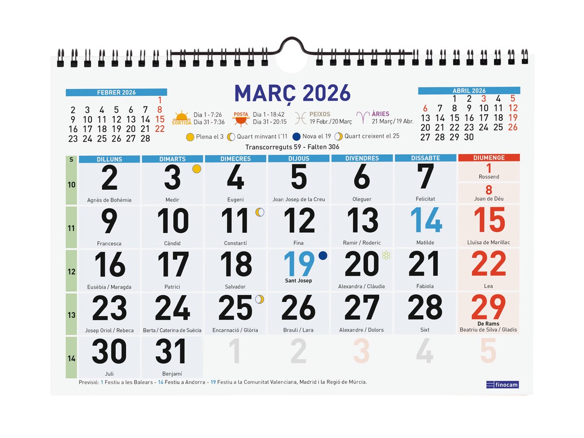 Calendario De Sobremesa 2026 Finocam - Vista Mensual En Catalán Con Números Grandes