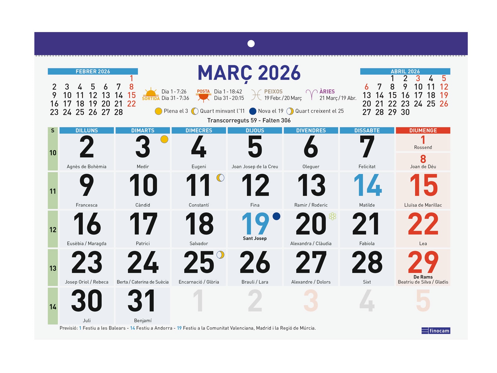 Calendario pared año 2026 Faldilla números grandes F93-300x210 mm Mes Vista Finocam catalán Multicolor-2