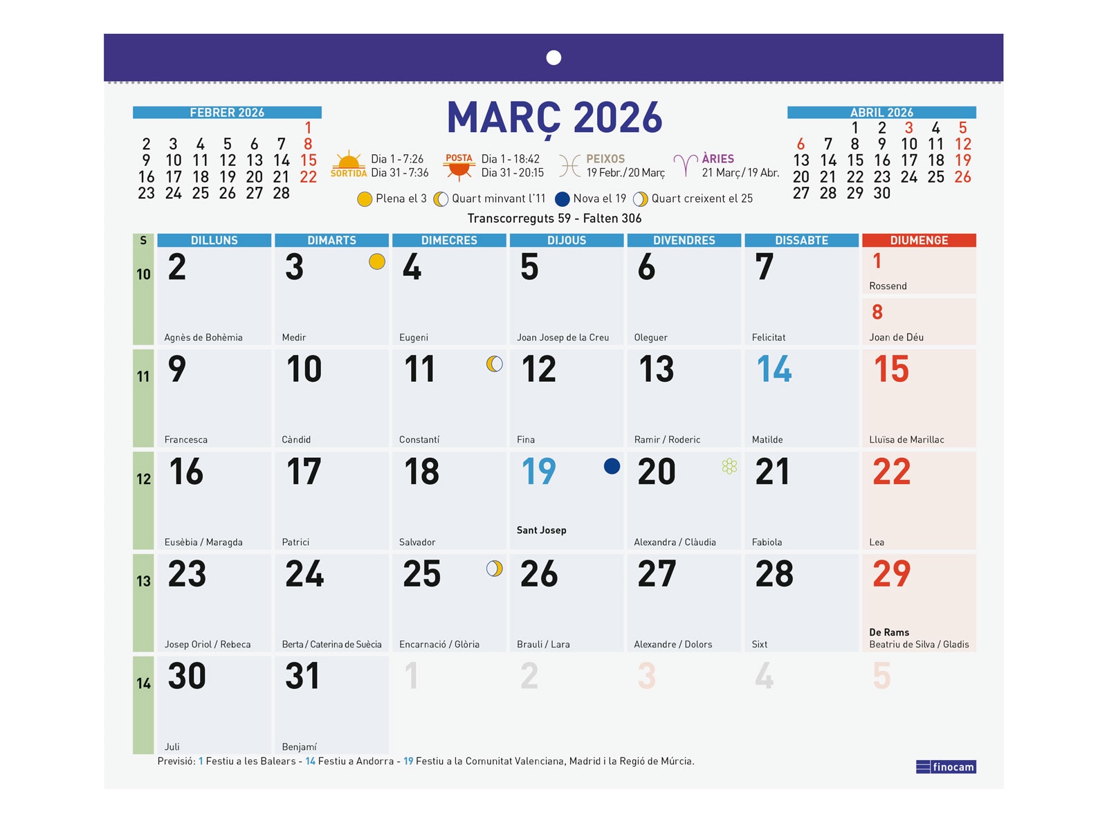 Calendario pared año 2026 Faldilla escribir F43-300x247 mm Mes Vista Finocam catalán Multicolor-2