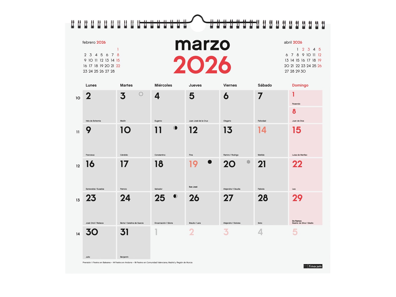 Calendario pared año 2026 Neutro escribir L-340x320 mm Mes Vista Finocam castellano Multicolor-3