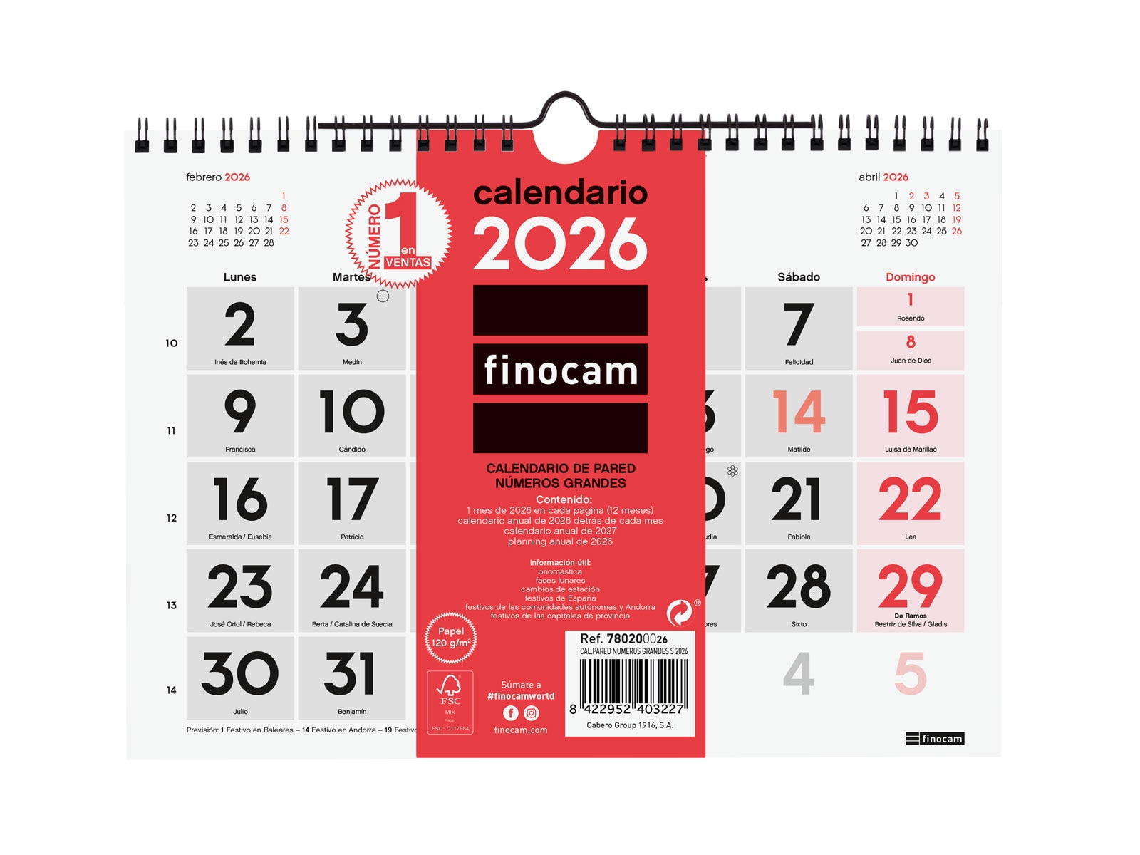 Imagen 0 de Calendario pared año 2026 Neutro números grandes S-210x150 mm Mes Vista Finocam castellano