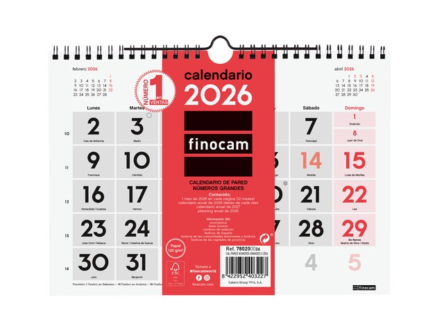 Imagen 0 de Calendario pared año 2026 Neutro números grandes S-210x150 mm Mes Vista Finocam castellano