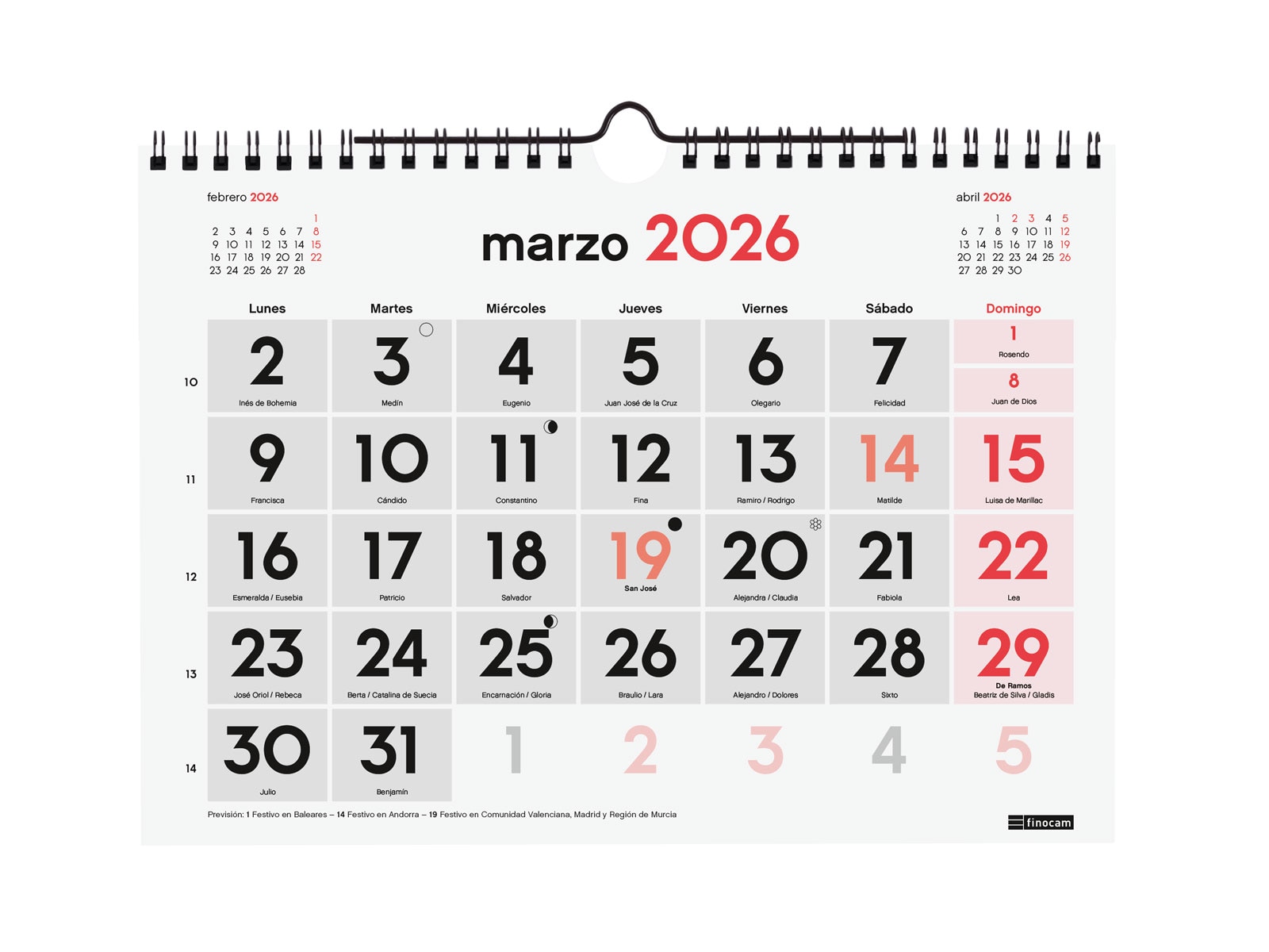 Calendario pared año 2026 Neutro números grandes S-210x150 mm Mes Vista Finocam castellano Multicolor-3