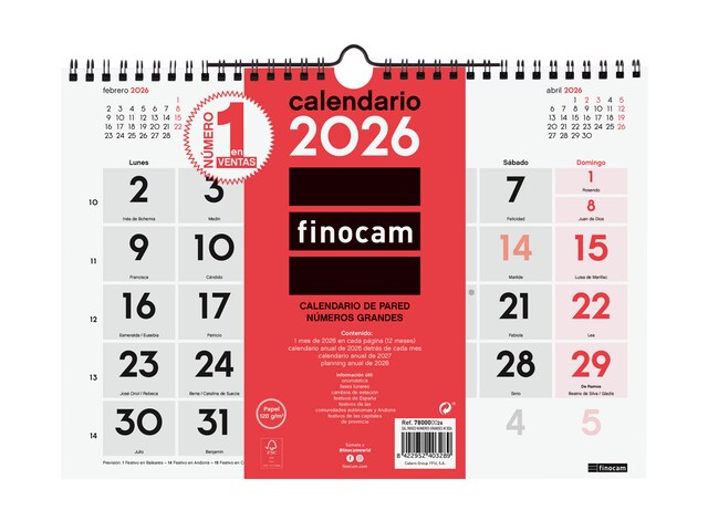 Imagen 0 de Calendario pared año 2026 Neutro números grandes M-300x210 mm Mes Vista Finocam castellano