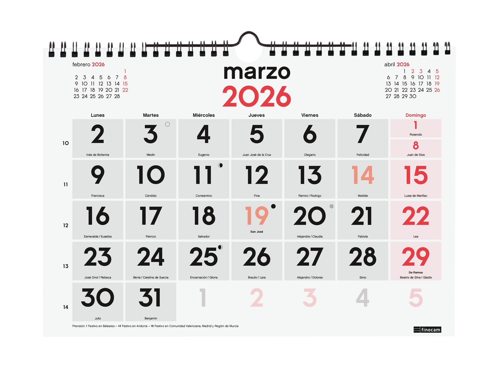 Calendario pared año 2026 Neutro números grandes M-300x210 mm Mes Vista Finocam castellano Multicolor-3