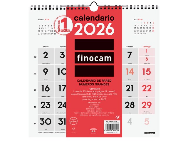Imagen 0 de Calendario pared año 2026 Neutro números grandes 300x300 mm Mes Vista Finocam castellano