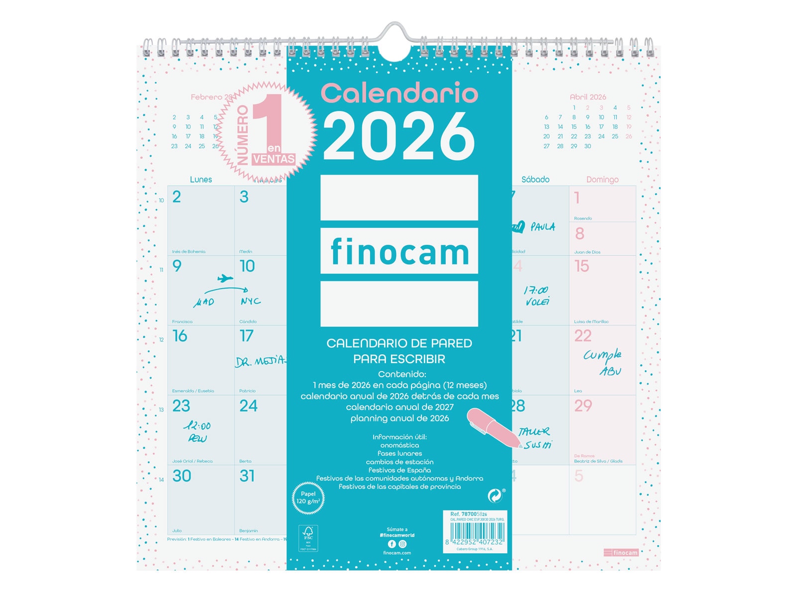 Calendario pared año 2026 Trendy Chic 300x300 mm Mes Vista Finocam turquesa castellano Turquesa-1