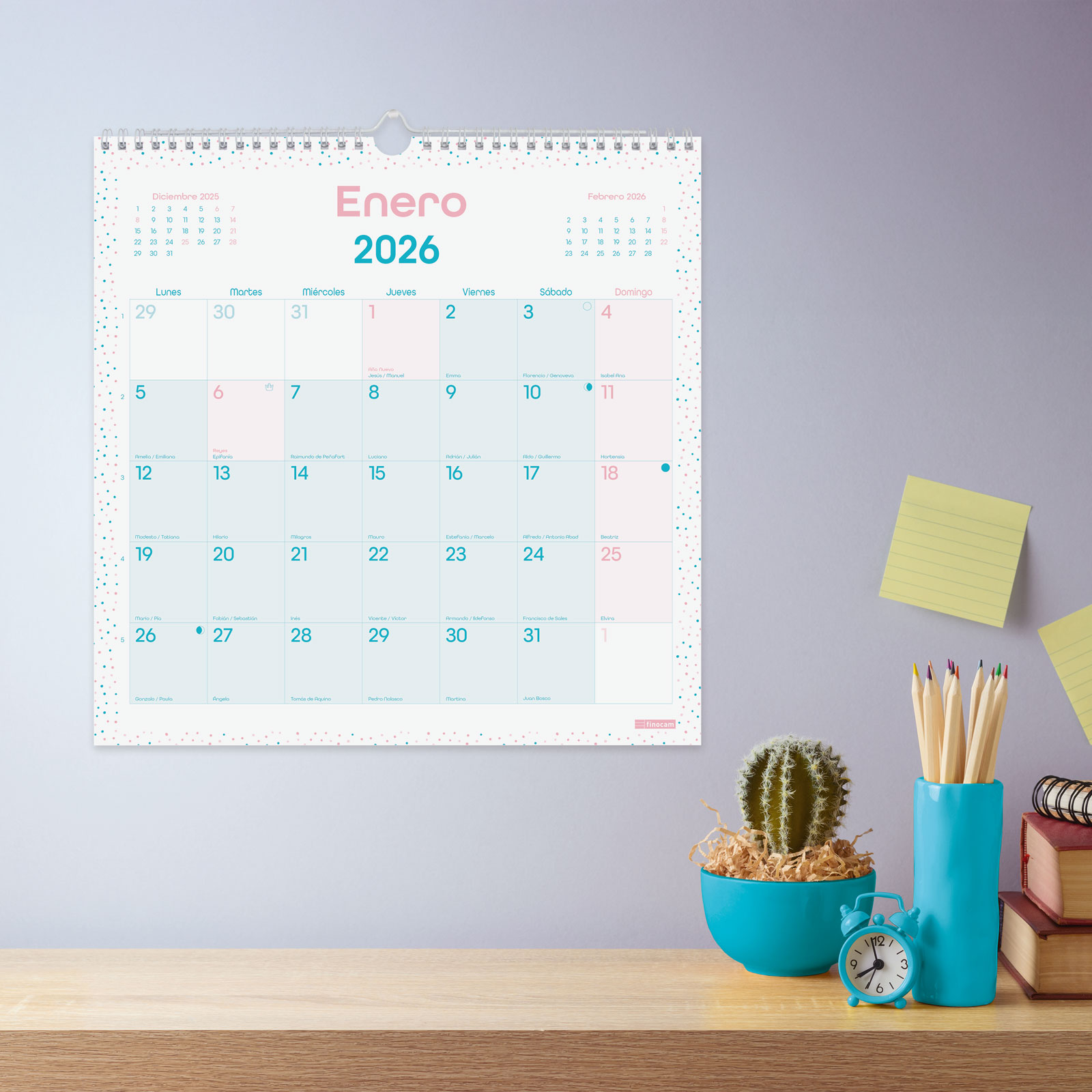 Calendario pared año 2026 Trendy Chic 300x300 mm Mes Vista Finocam turquesa castellano Turquesa-2