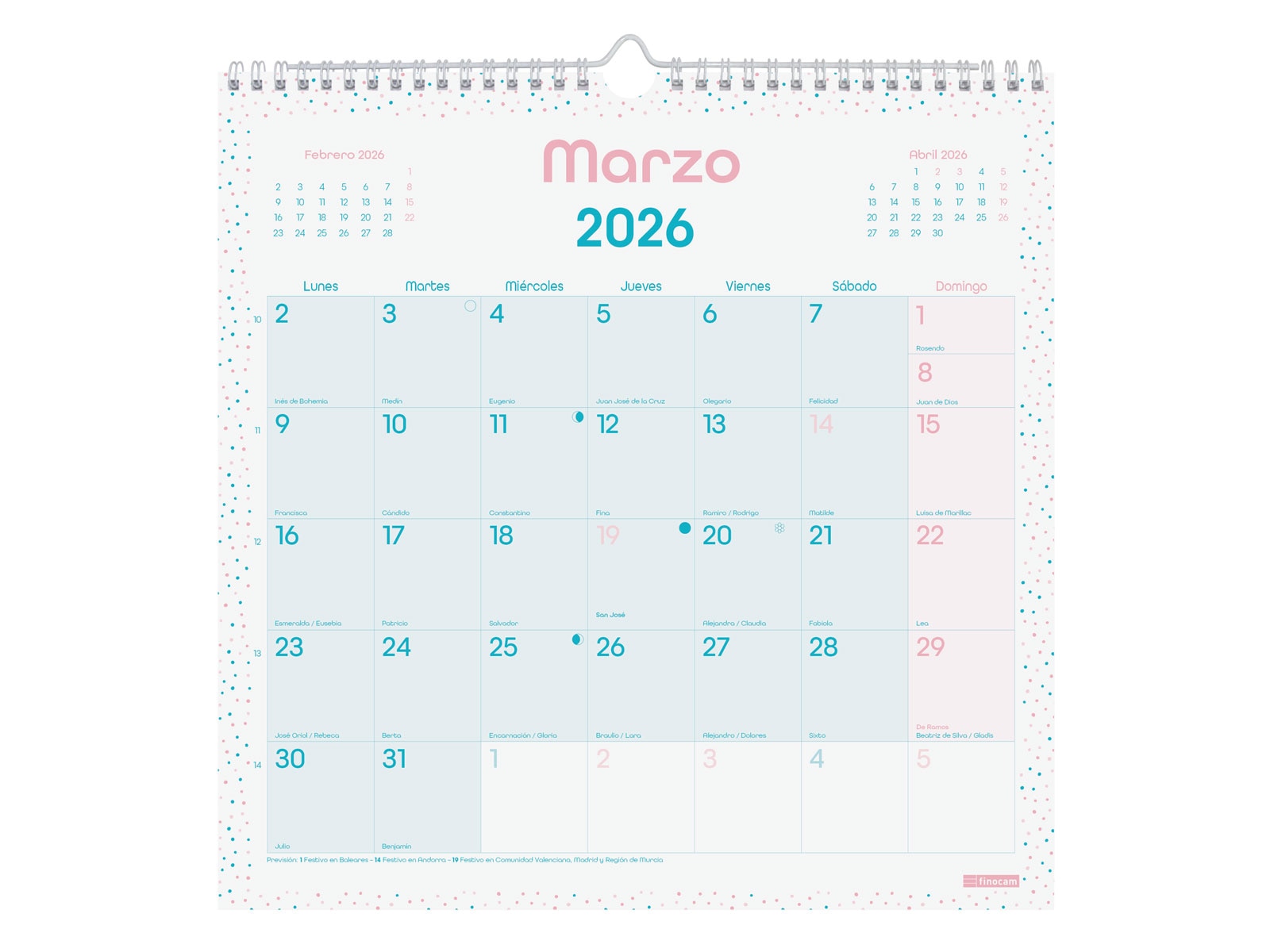 Calendario pared año 2026 Trendy Chic 300x300 mm Mes Vista Finocam turquesa castellano Turquesa-3
