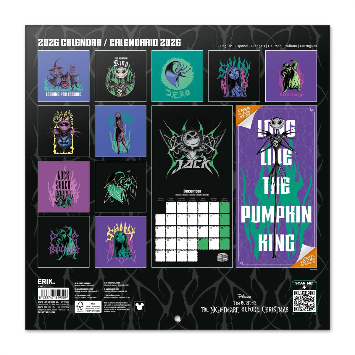 Calendario 2026 30x30 Disney Pesadilla Antes de Navidad Erik negro Negro / Verde-2
